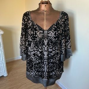 Hale Bob Silk/velvet black/gray beaded burnout blouse - size Small